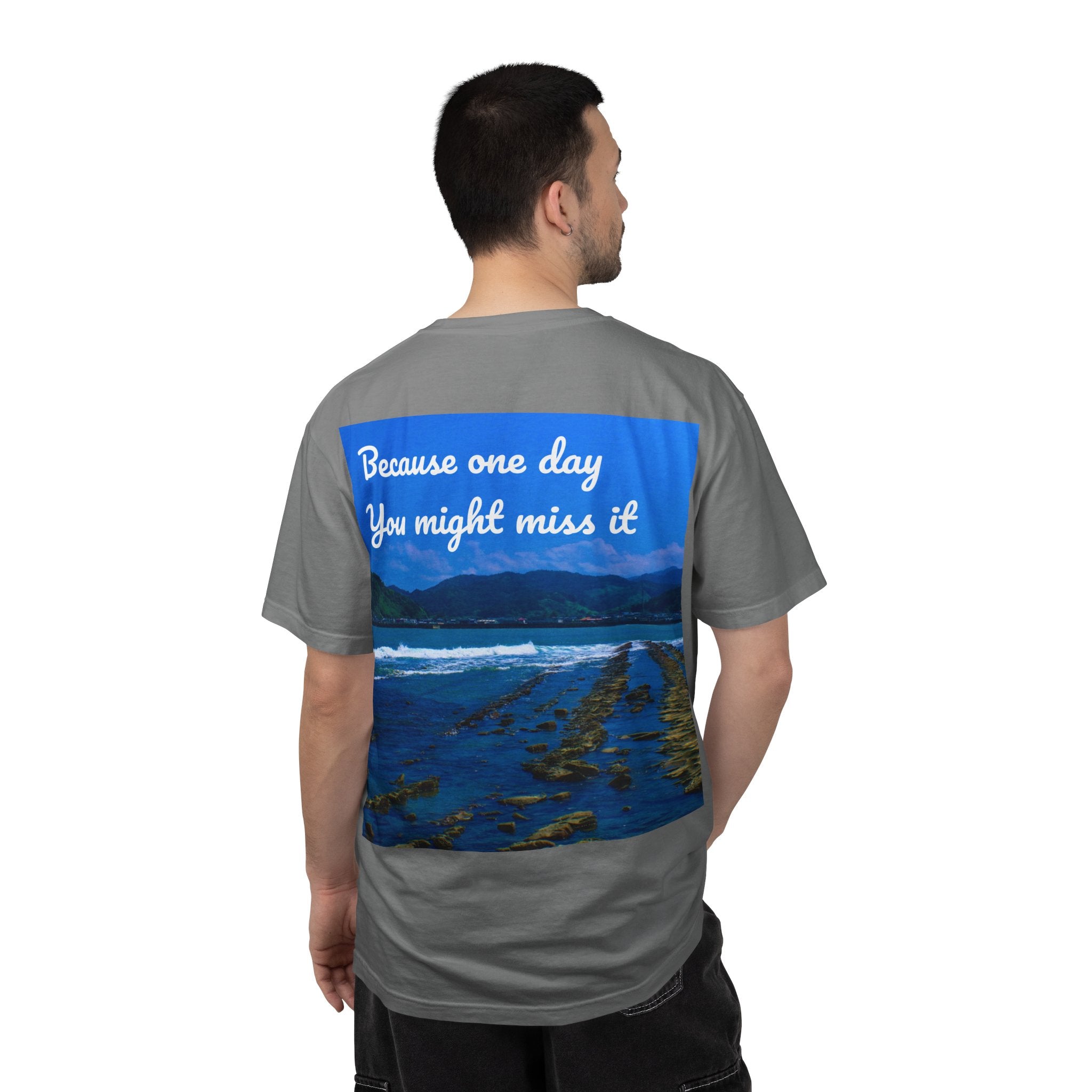 Never Stop Exploring T-Shirt — "Because one day you might miss it" Beach Graphic Tee