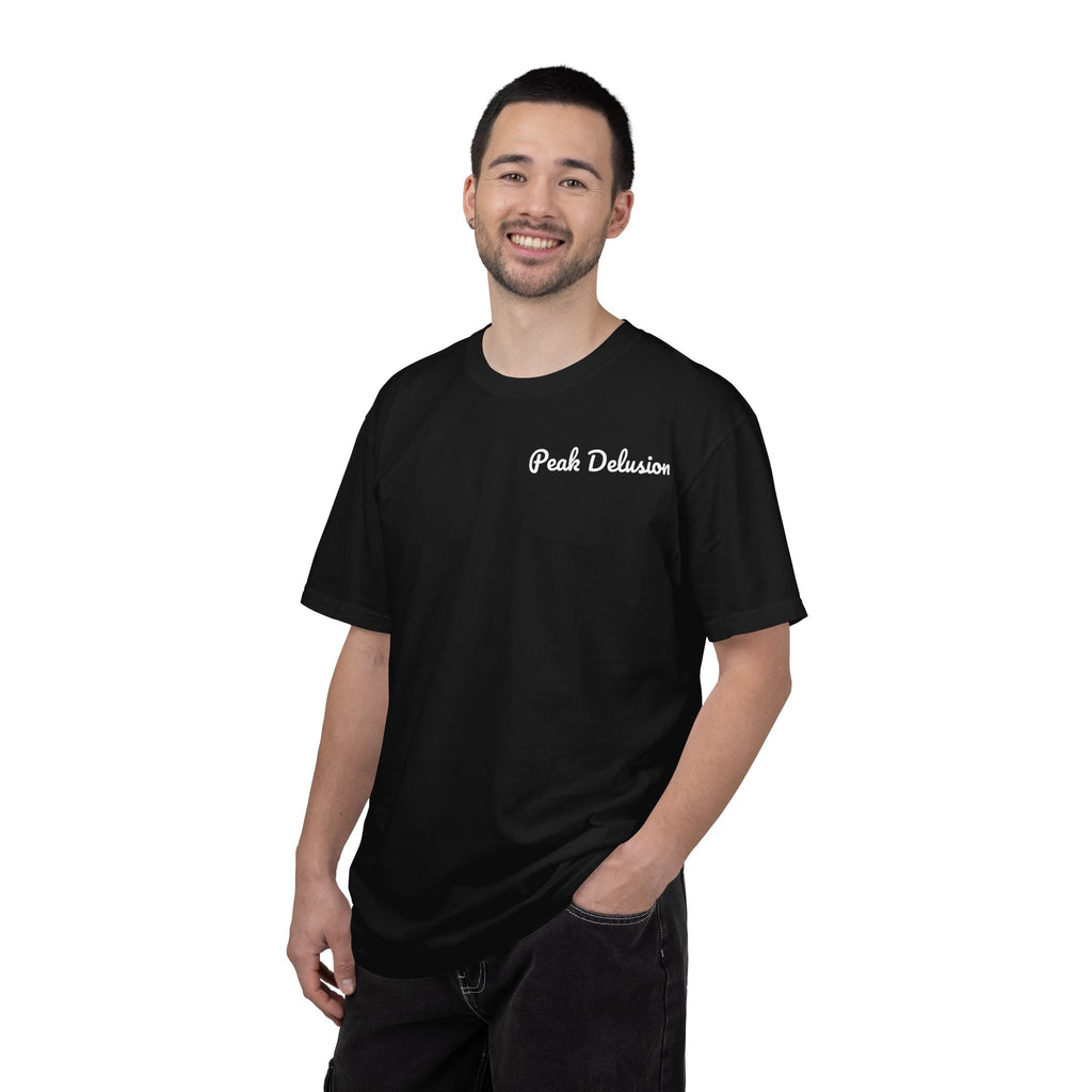 Be Good Do Good Tee — 'Peak Delusion' Script Chest & Lantern Back Graphic T-Shirt