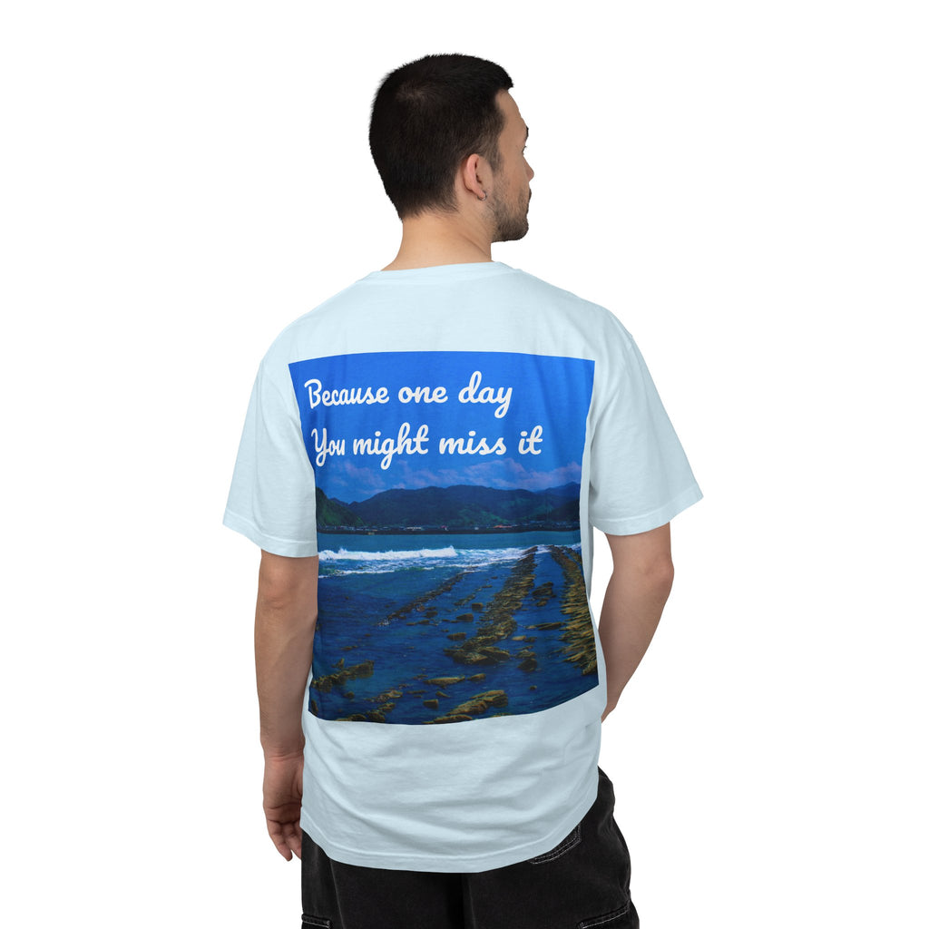 Never Stop Exploring T-Shirt — "Because one day you might miss it" Beach Graphic Tee