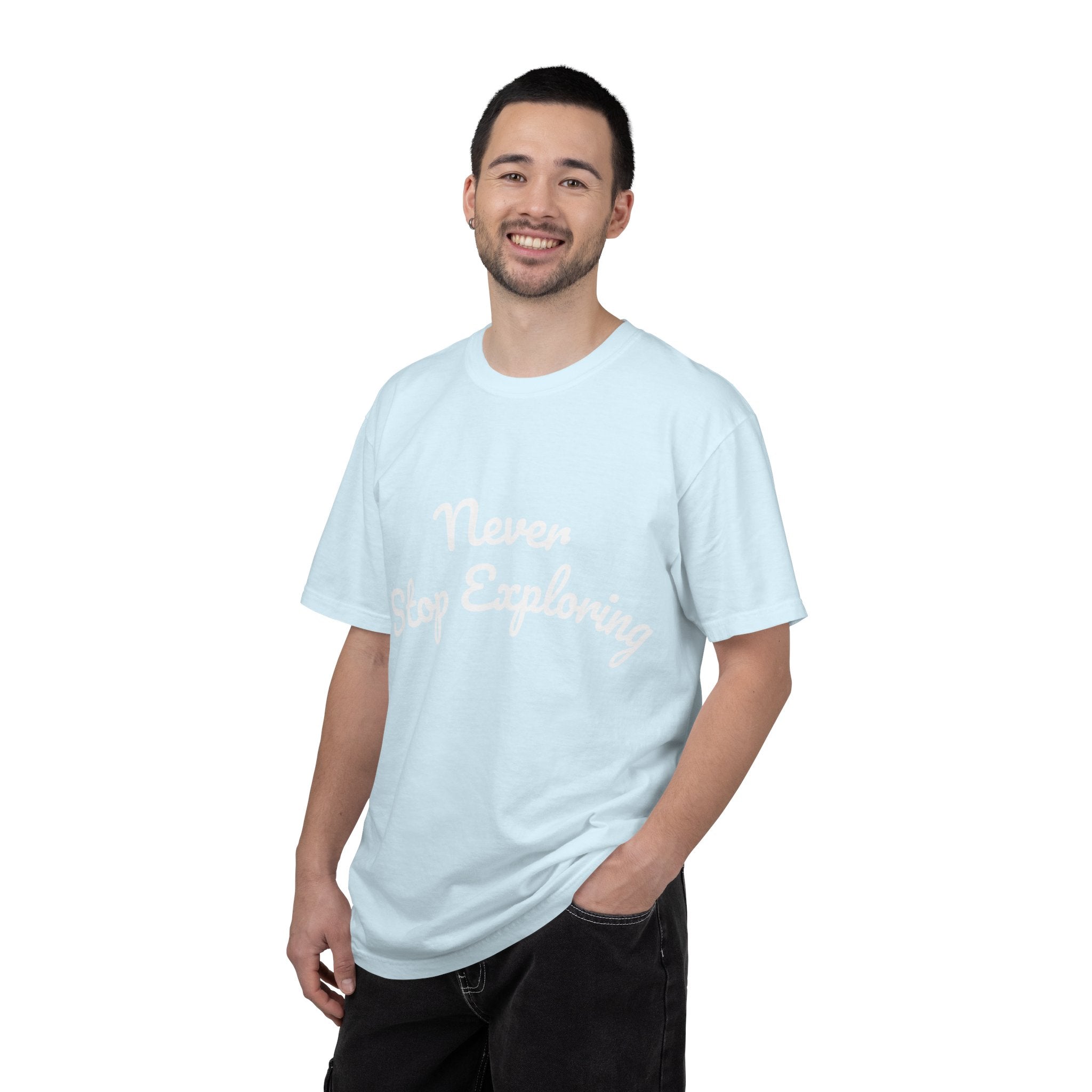 Never Stop Exploring T-Shirt — "Because one day you might miss it" Beach Graphic Tee