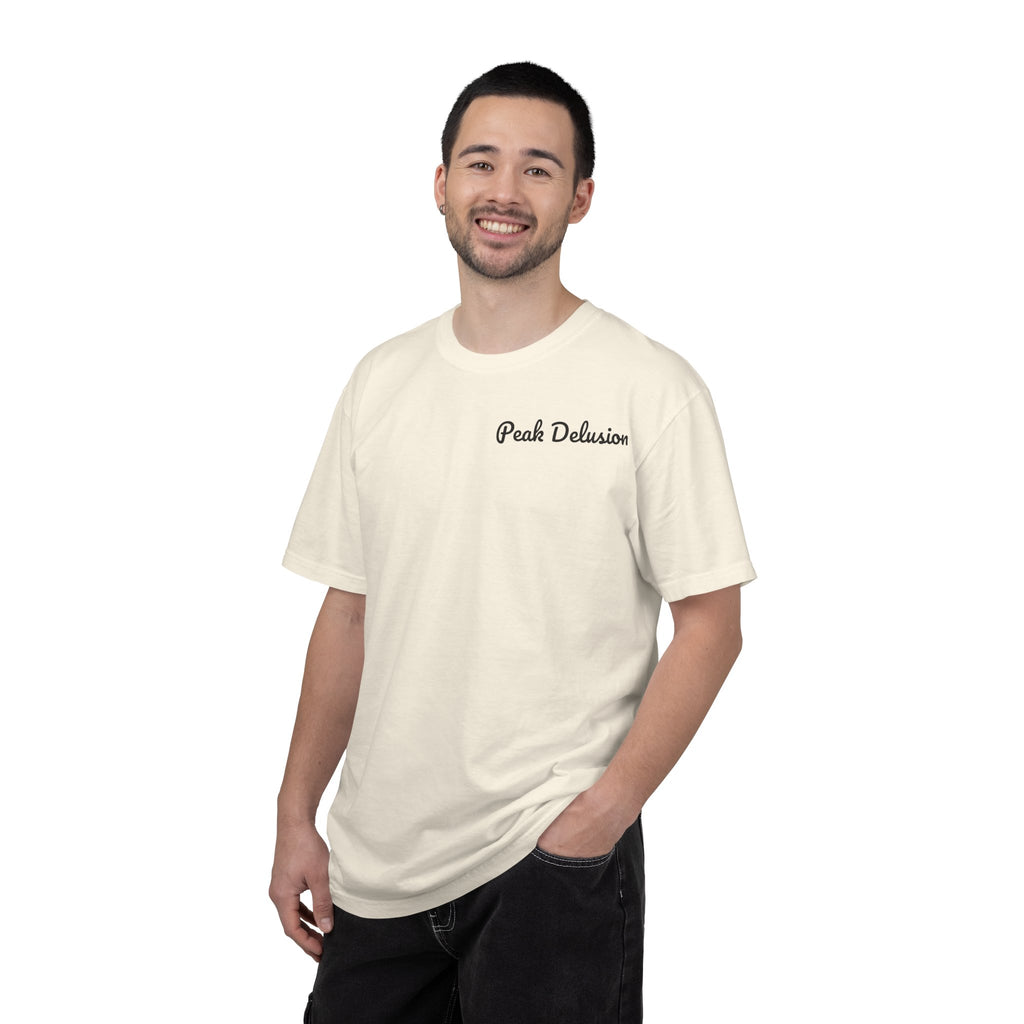 Be Good Do Good Tee — 'Peak Delusion' Script Chest & Lantern Back Graphic T-Shirt