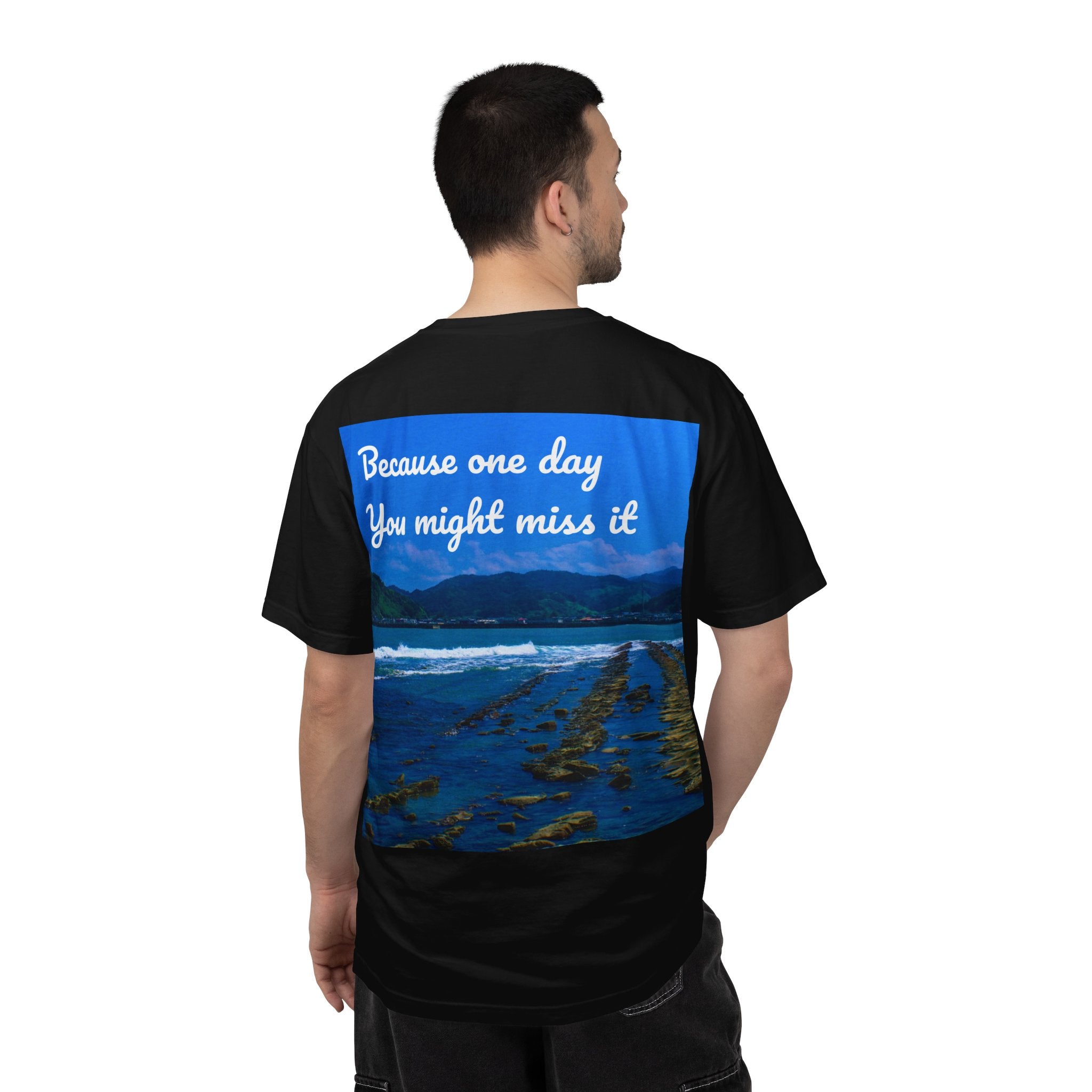 Never Stop Exploring T-Shirt — "Because one day you might miss it" Beach Graphic Tee