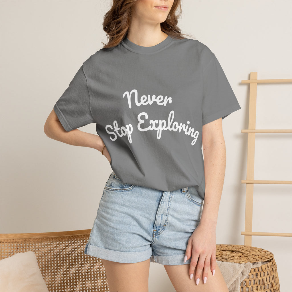 Never Stop Exploring T-Shirt — "Because one day you might miss it" Beach Graphic Tee