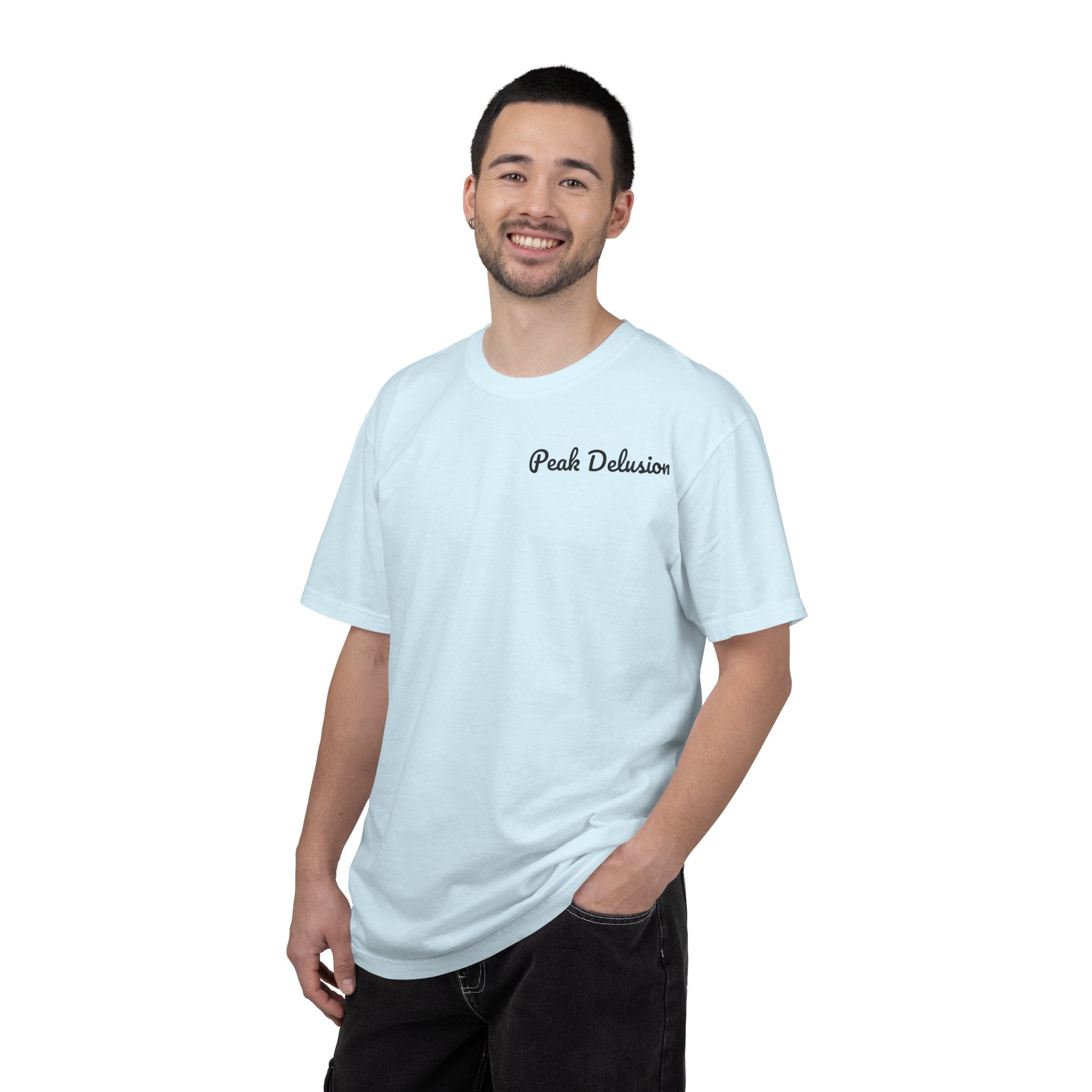 Be Good Do Good Tee — 'Peak Delusion' Script Chest & Lantern Back Graphic T-Shirt