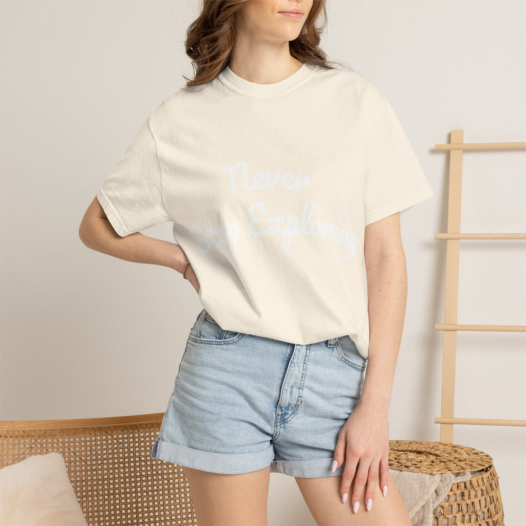 Never Stop Exploring T-Shirt — "Because one day you might miss it" Beach Graphic Tee