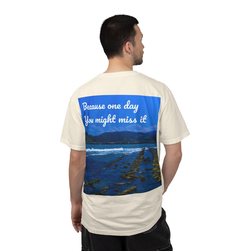 Never Stop Exploring T-Shirt — "Because one day you might miss it" Beach Graphic Tee