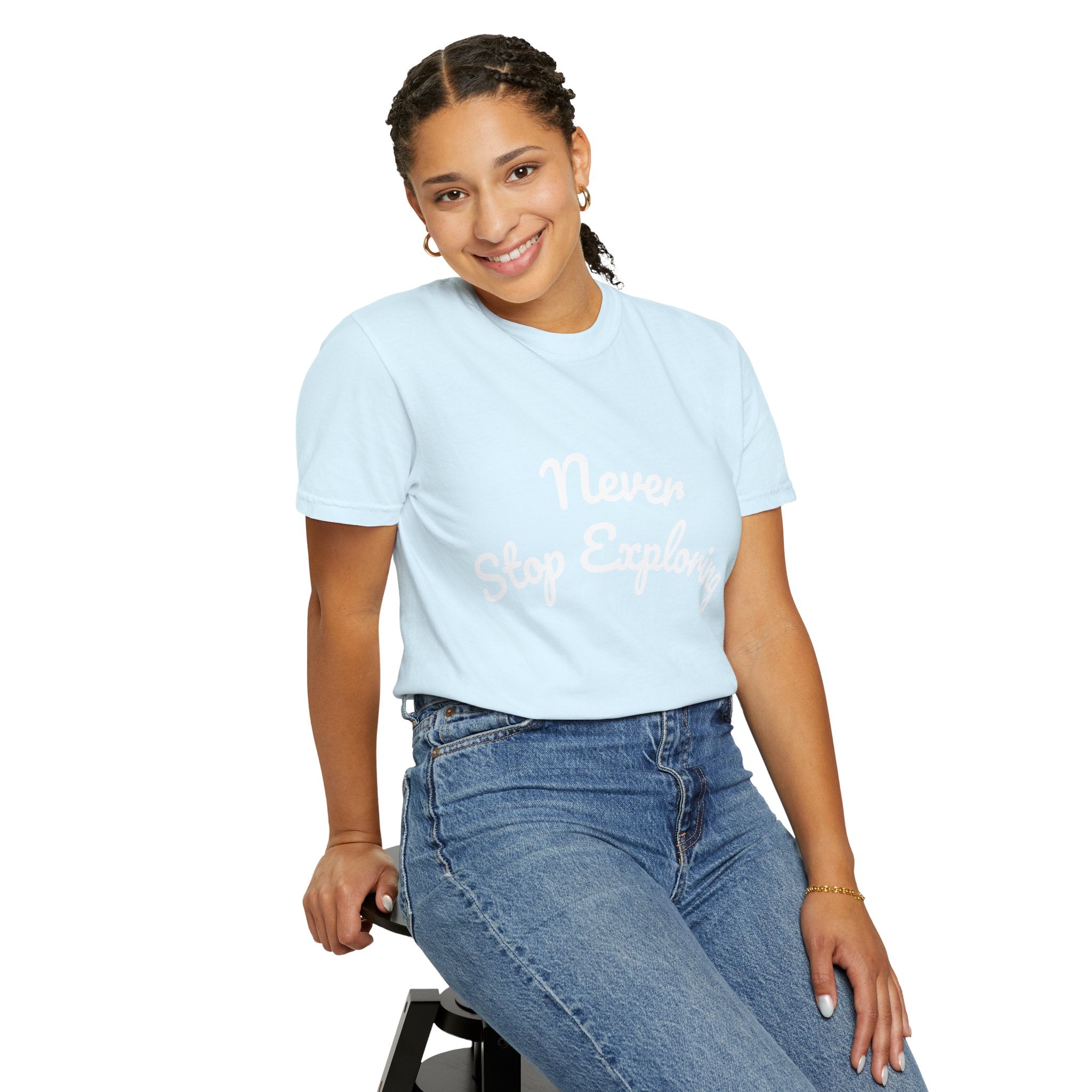 Never Stop Exploring T-Shirt — "Because one day you might miss it" Beach Graphic Tee