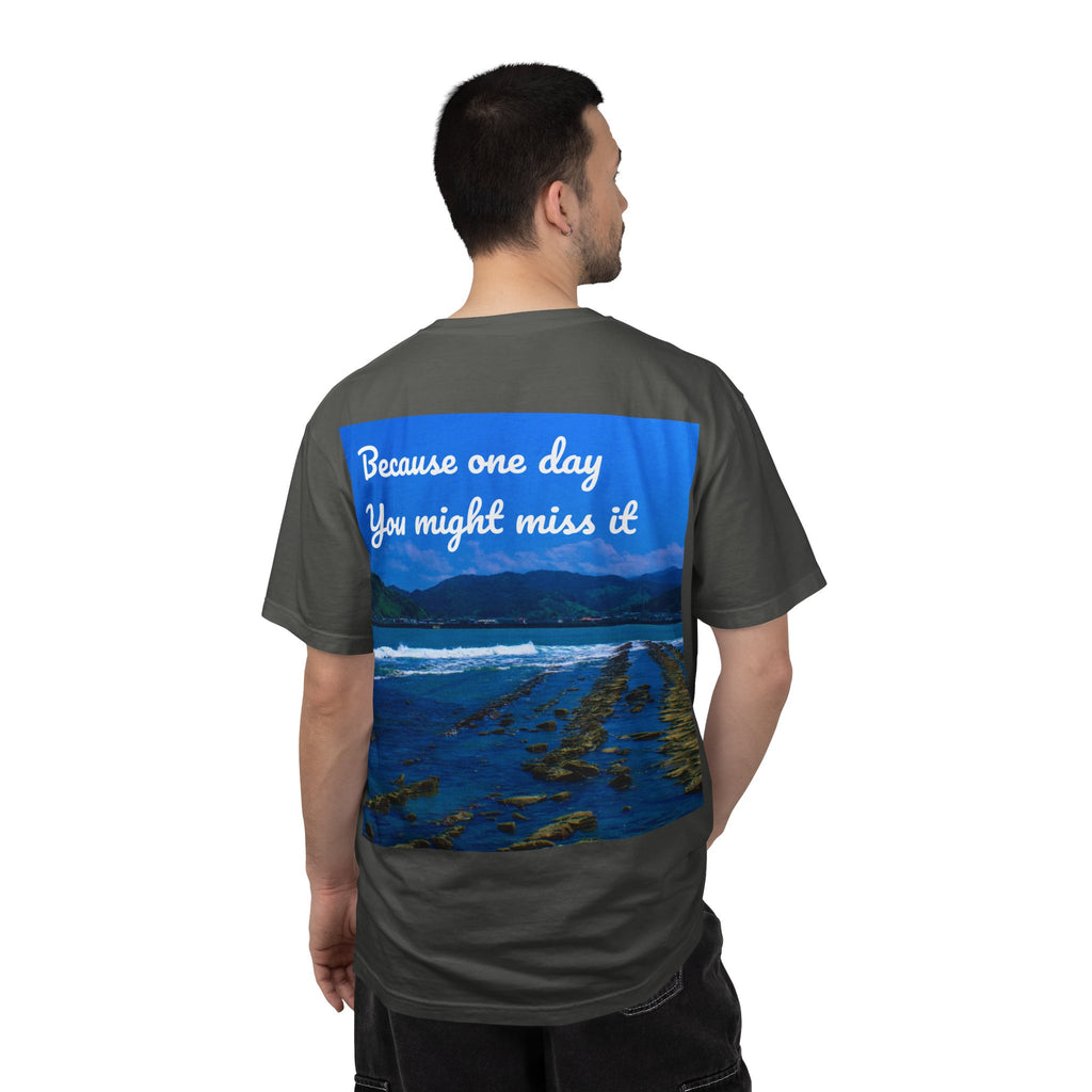 Never Stop Exploring T-Shirt — "Because one day you might miss it" Beach Graphic Tee